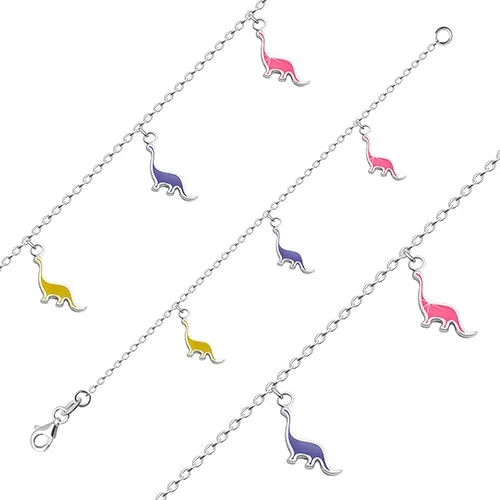 Stříbrný náramek 925 pro děti - brontosaurus s růžovou, žlutou a fialovou glazurou
