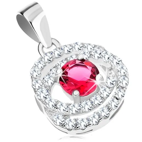 Stříbrný přívěsek 925, tmavě růžový zirkon, dvojitá třpytivá obruba