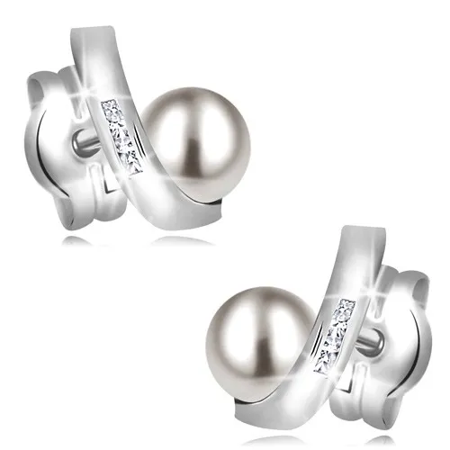 Náušnice z bílého 14K zlata - kulatá perla, zahnutá linie se zirkonky