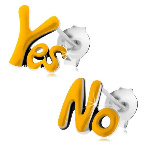 Stříbrné 925 náušnice, patinované nápisy Yes a No, žlutá glazura