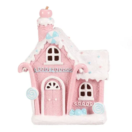 Vánoční dekorace Domek z cukrovinek, polyresin, LED, růžová