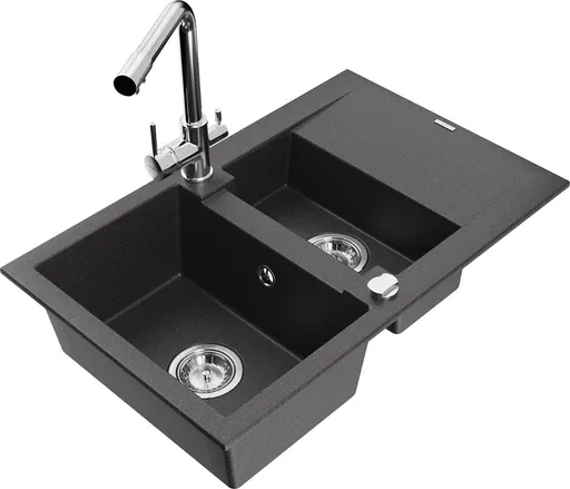 MEXEN/S Gaspar granitový dřez 1.5 s odkapávačem včetně baterie Duero, černá kropenatý 6507-76-671600-00