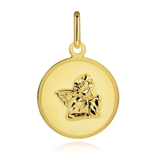 Zlatý 14 karátový kruhový přívěsek - matný povrch s 3D andělem
