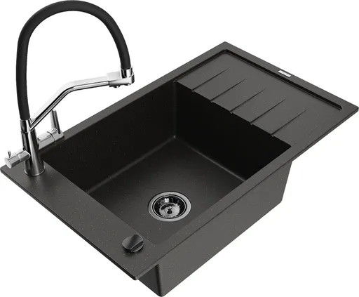 MEXEN/S Elias granitový dřez s odkapávačem včetně baterie Duo, černá/zlatá metalik 6511-75-671701-07-B