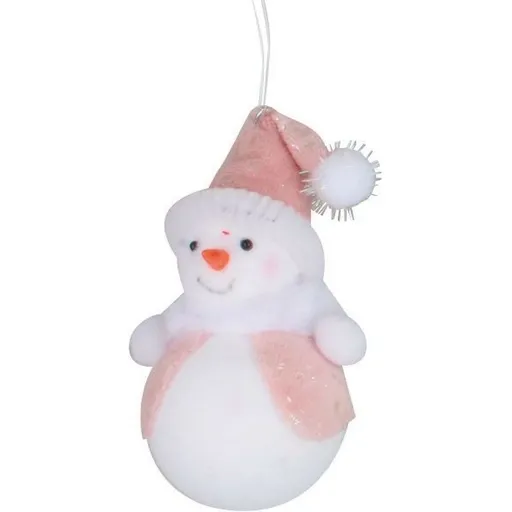 Sněhulák na zavěšení v barevném kabátku 11 cm růžový kabátek s bambulkou