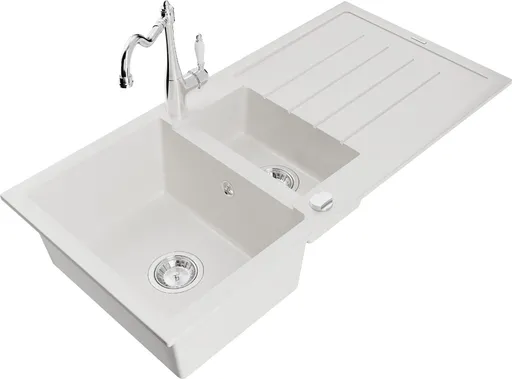 MEXEN/S Andres granitový dřez s odkapávačem včetně baterie Carla, bílá 6515-20-670700-00