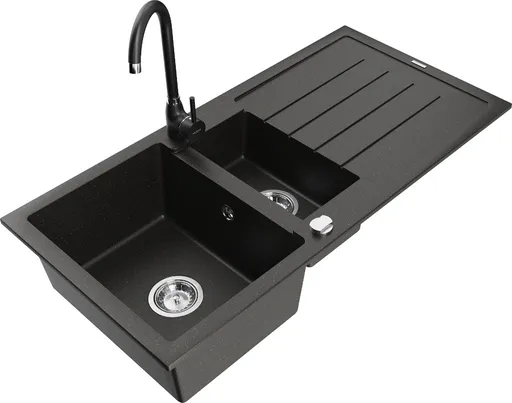 MEXEN/S Andres granitový dřez s odkapávačem včetně baterie Telma, černá/zlatá 6515-75-670200-70