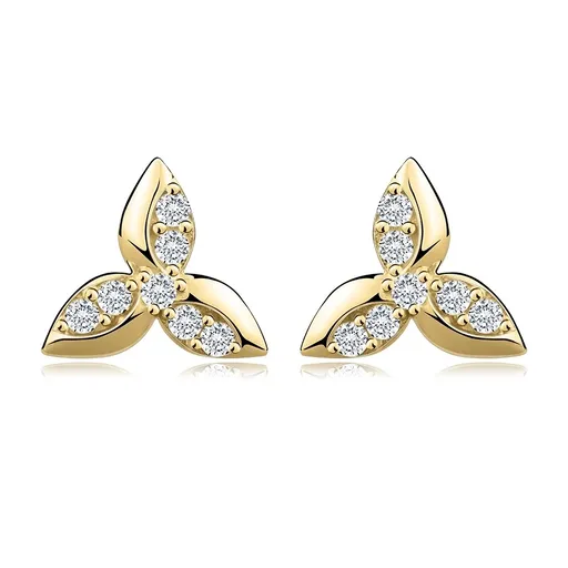 Zlaté náušnice ze 14K žlutého zlata - listy s širším okrajem, kubické zirkony, puzzle
