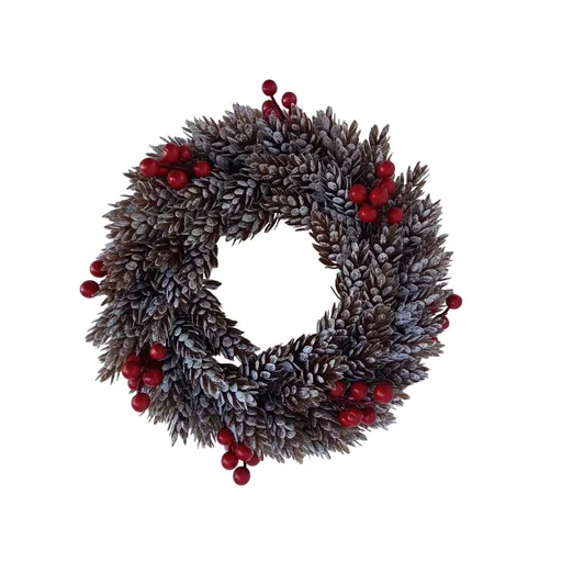 Plastový věnec ojíněný šišky a červené bobule, d. 26 cm