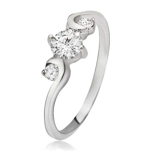 Prsten ze stříbra 925 - tři čiré kulaté kamínky, zatočené okraje - Velikost: 49