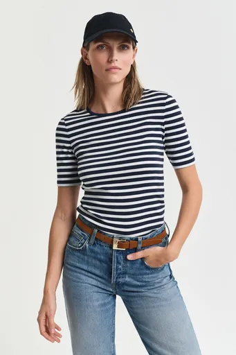 TRIČKO GANT SLIM STRIPED 1X1 RIBBED SS T-SHIRT EVENING BLUE