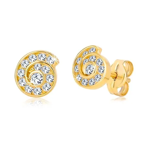 Puzetové náušnice ve žlutém 14K zlatě - spirála vykládaná zirkony