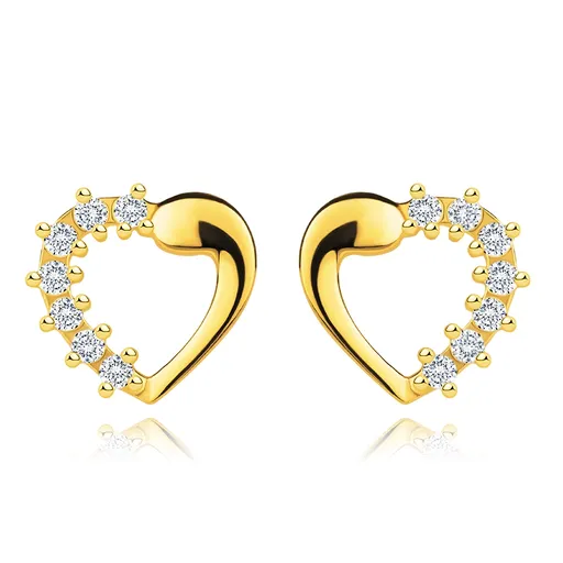 Zlaté 14K náušnice ze žlutého zlata - kontura srdce se zirkonovým raménkem