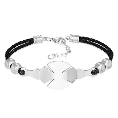 Ocelový náramek se šňůrkou - Maltézský kříž, kuličky