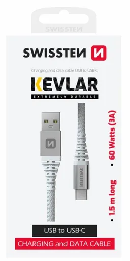 SWISSTEN DATOVÝ KABEL KEVLAR USB / USB-C 1,5 M BÍLÝ