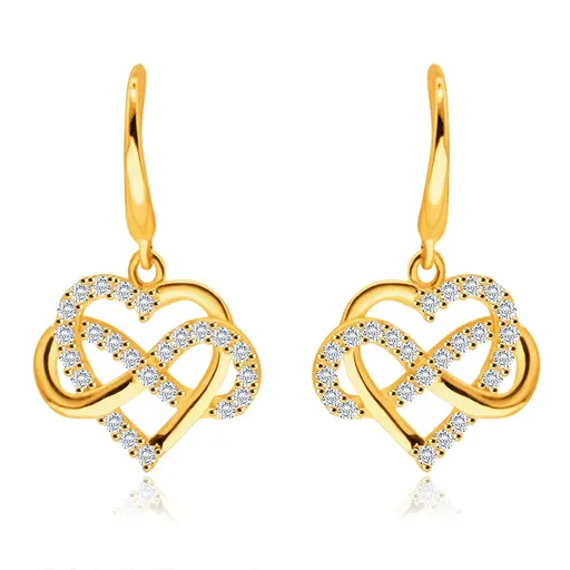 Zlaté náušnice ze 14K žlutého zlata - kontura srdce, symbol nekonečna, čiré zirkony