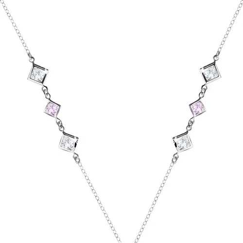 Stříbrný 925 náhrdelník - čiré a fialové zirkonové kosočtverce po stranách