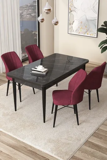 Dining Table & Chairs Set (5 Pieces) Arp - Black Marble, Burgundy