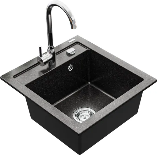 MEXEN/S Vito granitový dřez 1-miska včetně baterie Telma, černá kropenatý 6503-76-670200-00