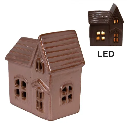 Hnědo-růžový keramický svítící LED domek - 10*6*11 cm Clayre & Eef