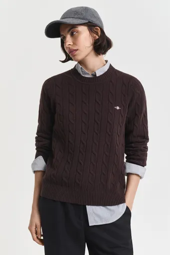 SVETR GANT LAMBSWOOL CABLE C-NECK DEEP BROWN