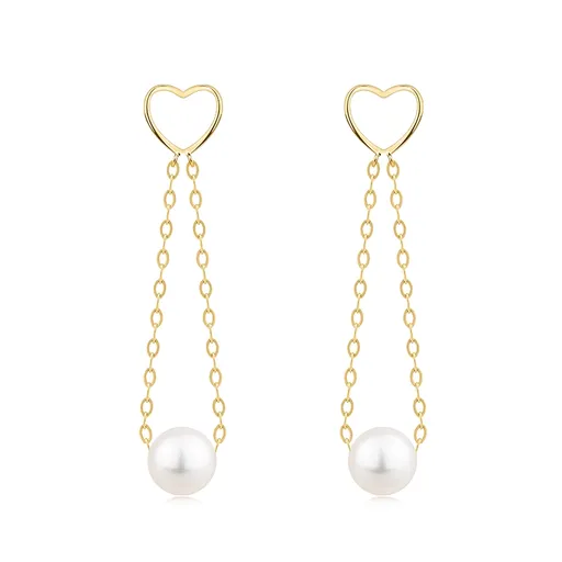 Zlaté náušnice 14K srdce se sladkovodní perlou na řetízku