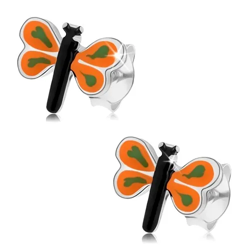 Náušnice ze stříbra 925, malý motýlek s barevnou glazurou, oranžová křídla