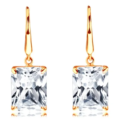 Náušnice ze žlutého 14K zlata - velký obdélníkový zirkon čiré barvy, háčky