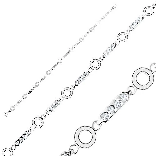 Stříbrný náramek 925, podlouhlé články s čirými zirkony, kroužky