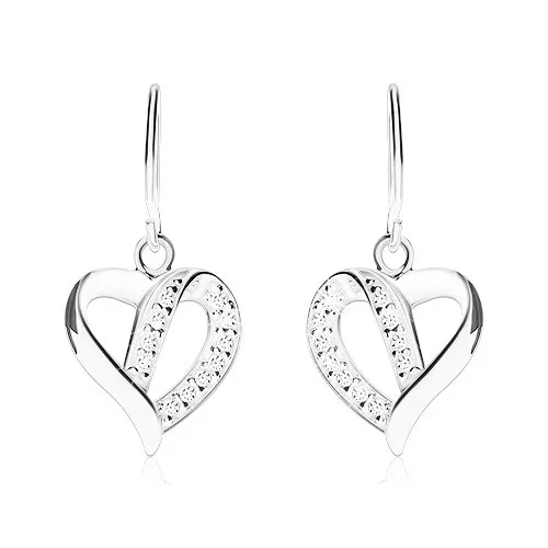 Stříbrné náušnice 925, kontura asymetrického srdce zdobená zirkony