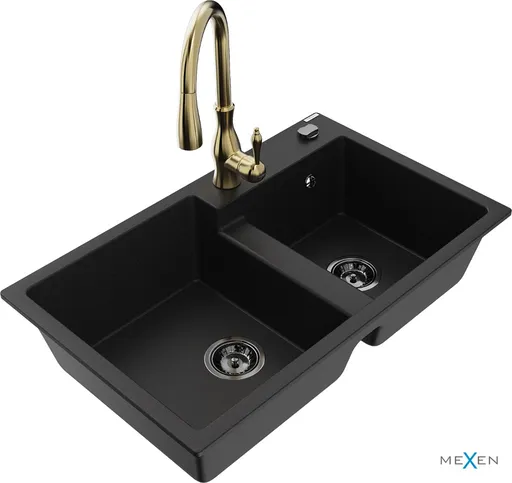 MEXEN/S Tomas granitový dřez 2-bowl včetně baterie Savita, černá 6516-77-672601-50-B