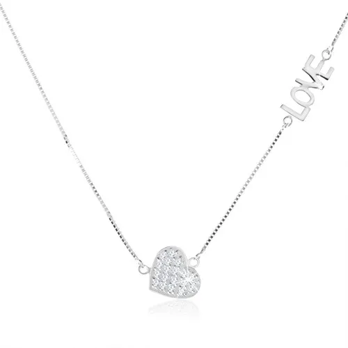 Náhrdelník ze stříbra 925, čiré zirkonové srdíčko, lesklý nápis "LOVE"