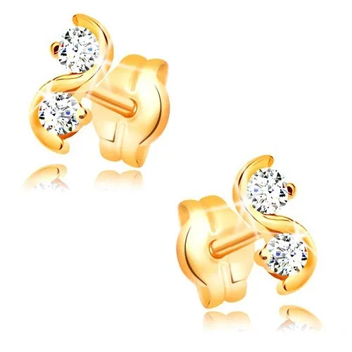 Zlaté puzetové náušnice 585 - lesklá hladká vlnka, čiré blýskavé zirkony