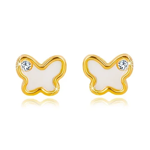 Puzetové náušnice ze 14K žlutého zlata - motýlek s přírodní perletí a zirkonem