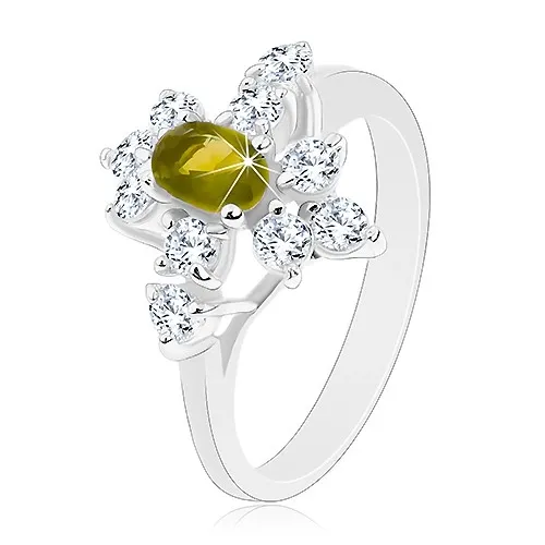 Prsten se zúženými rameny, zirkon v tmavě zelené barvě, čiré zirkonky - Velikost: 52