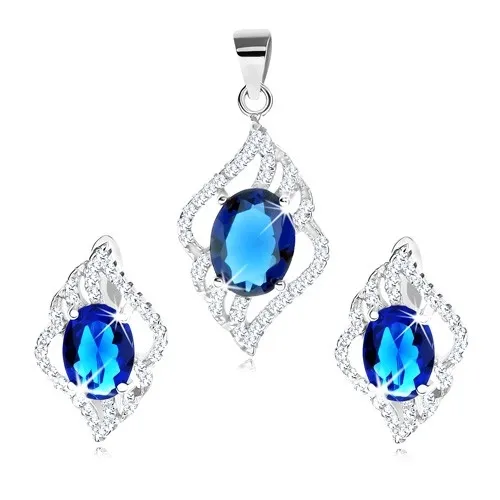 Sada přívěsku a náušnic ze stříbra 925, čirá kontura listu, modrý zirkon