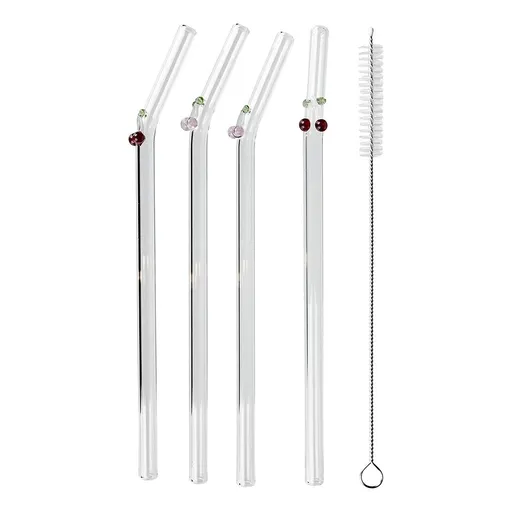 LONG DRINK Skleněná brčka s kartáčkem třešeň set 5 ks