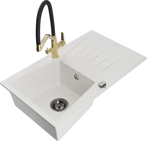 MEXEN/S Cesar granitový dřez s odkapávačem včetně baterie Duo, bílá 6514-20-671701-57-B