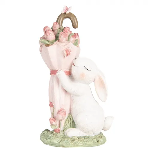 Dekorace králíček s růžovým deštníkem plným tulipánů - 9*7*15 cm Clayre & Eef