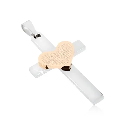 Přívěsek z oceli, kříž se zrcadlovým leskem, srdce zlaté barvy s nápisem