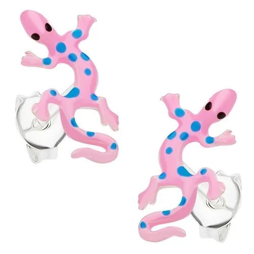 Stříbrné náušnice 925, ještěrka s růžovou glazurou a modrými puntíky