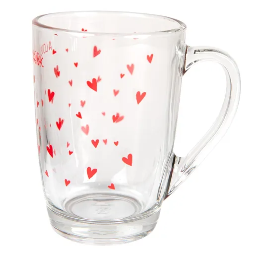Skleněný hrnek s červenými srdíčky A Lovely Drink - 11*8*11 cm / 300 ml Clayre & Eef