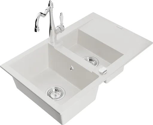MEXEN/S Gaspar granitový dřez 1.5 s odkapávačem včetně baterie Carla, bílá 6507-20-670700-00