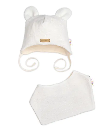 Baby Nellys Pletená čepice s šátkem 2v1, Teddy Hand made - kokosové bílá, 68/74