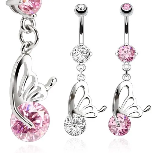 Piercing do pupíku z oceli 316L, vyřezávané křídlo motýla, zirkony - Barva zirkonu: Čirá - C