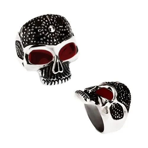 Masivní prsten z oceli 316L, patinovaná lebka, tečky, červené glazované oči - Velikost: 59