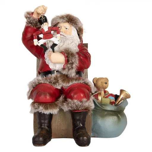 Červená dekorace Santa Claus s Louskáčkem v ruce a hračkami - 16*13*19 cm Clayre & Eef