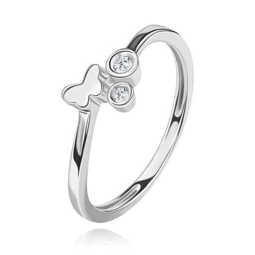 Diamantový prsten z bílého 14K zlata - dva čiré brilianty, lesklý motýlek - Velikost: 49