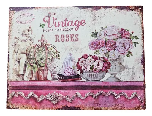 Růžová nástěnná kovová cedule s růžemi Vintage Roses - 33*25 cm Ostatní