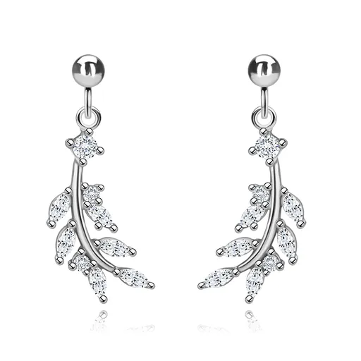 Puzetové náušnice ze stříbra 925 - větvička s lístky, čiré zirkony